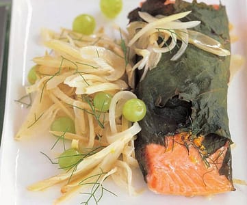 vineleaf wrapped ocean trout withbraised fennel