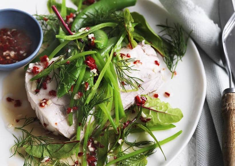 poached fish fillets with herb amp pea salad